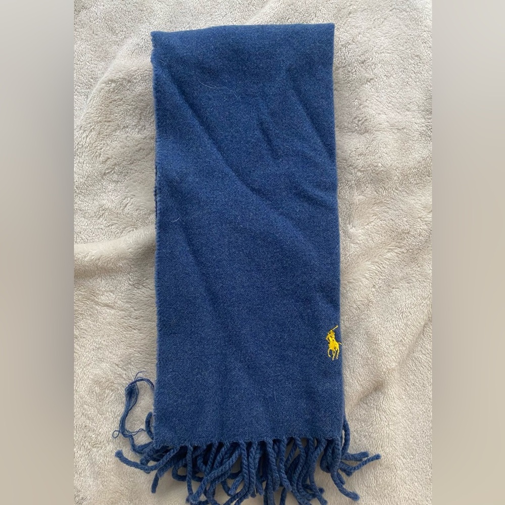 Ralph Lauren Polo scarf in blue with yellow logo.